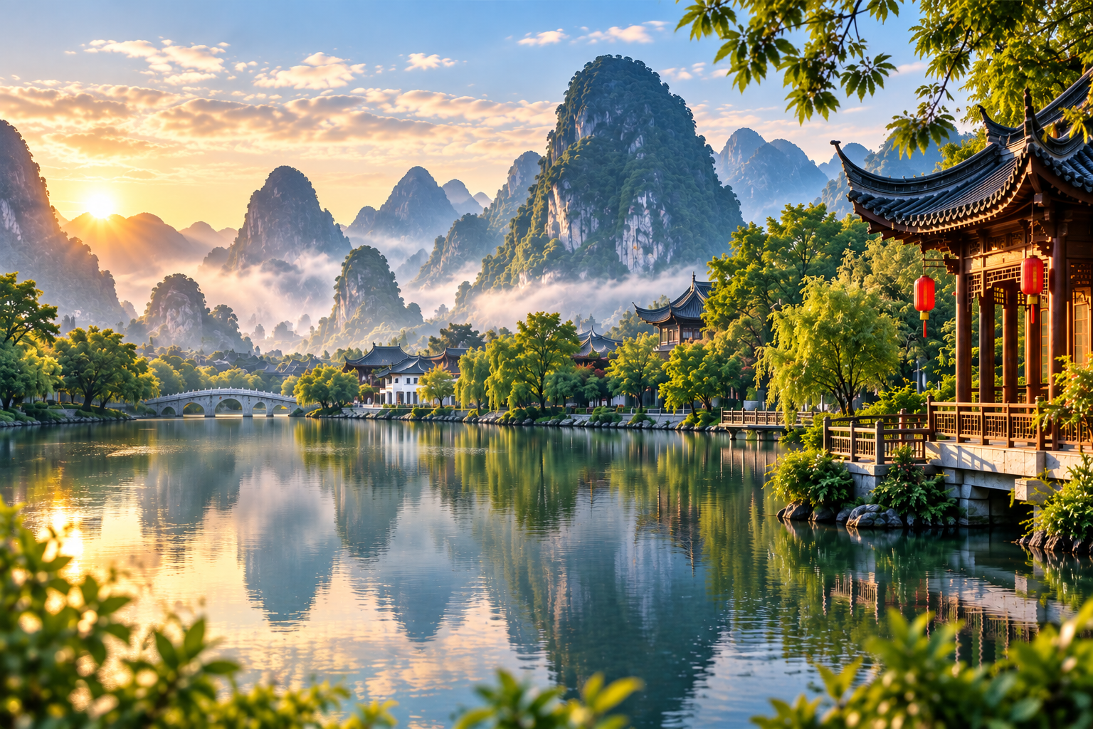 China — misty mountains and traditional architecture