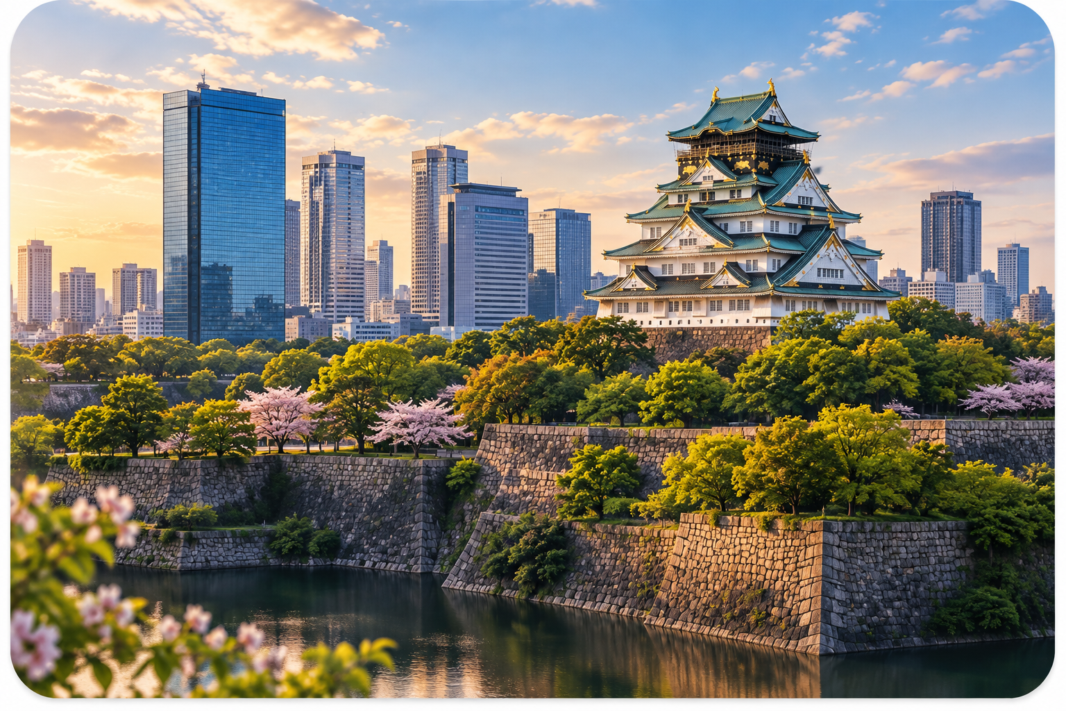Japan — serene garden with Tokyo skyline