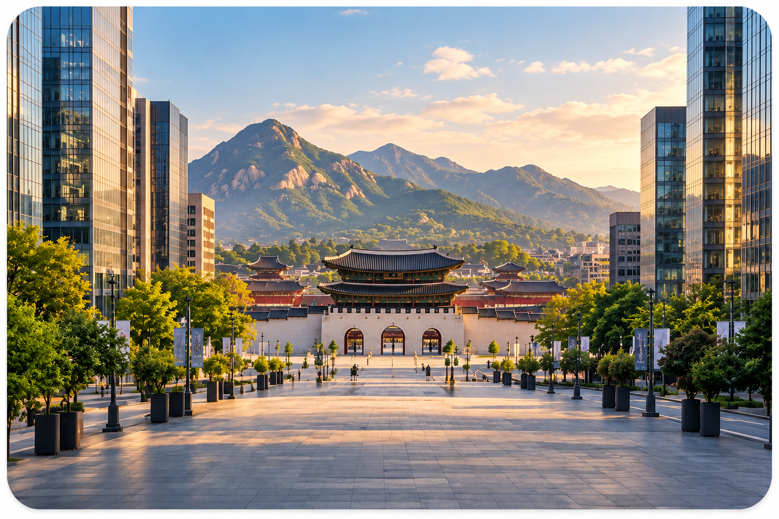 South Korea — Seoul cityscape with cherry blossoms