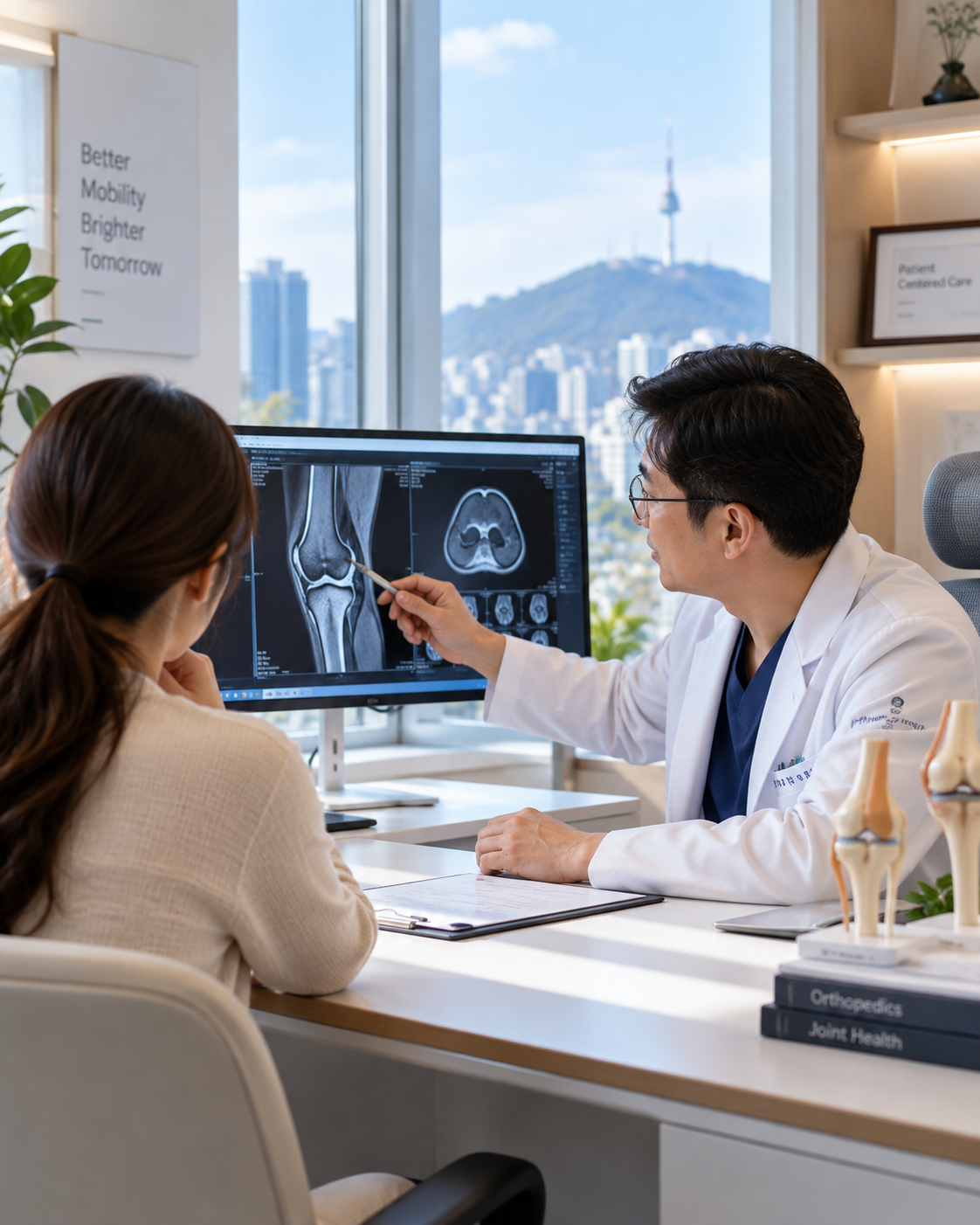 Doctor reviewing imaging scans with a patient in a modern clinic consultation