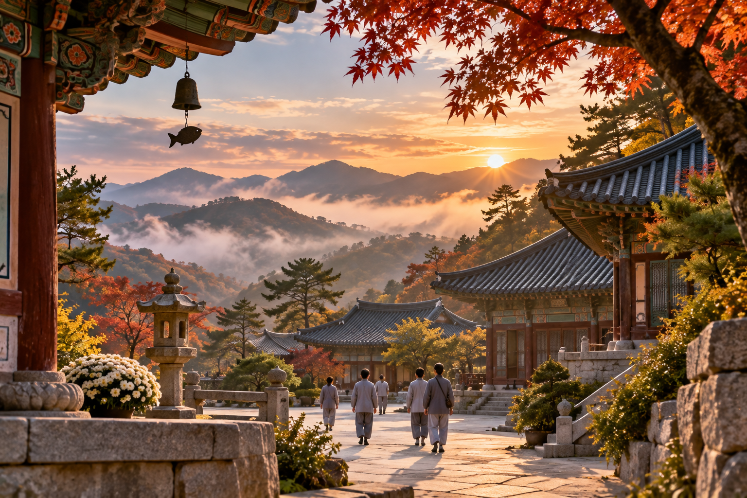 Temple Stay — traditional Korean Buddhist temple in forested mountains